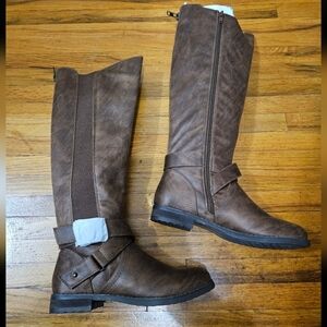 B52 Brown Kayley Knee High Riding Buckle Vegan Leather Fall Casual Zip Boots 6.5